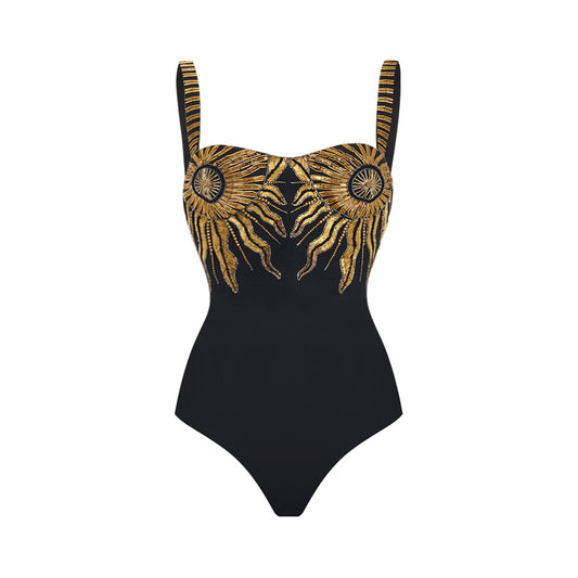 Women's black solid color with golden sun design one piece swimwear with Sarong/cover up