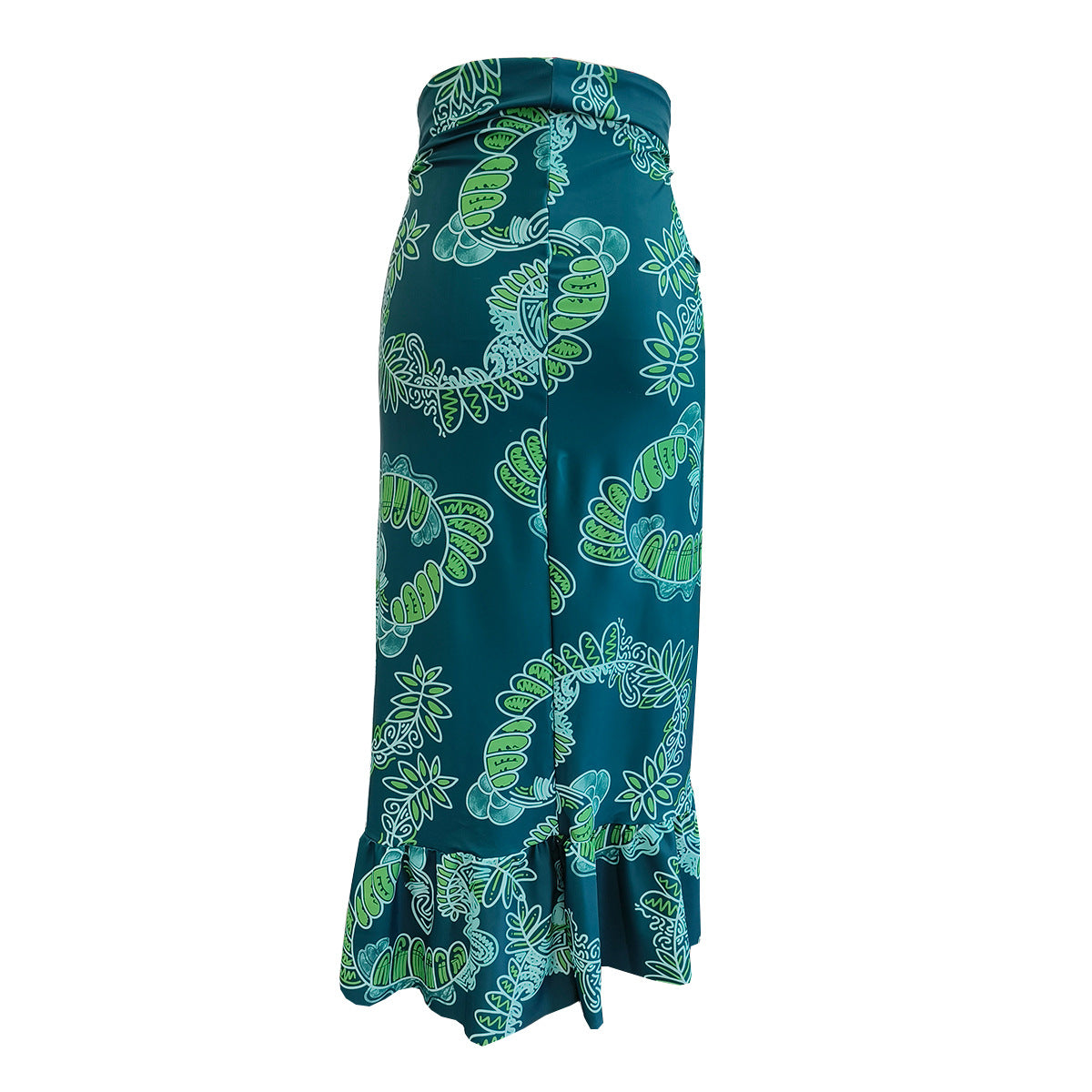 Women's hawaiian green color beach printing one piece swimwear with skirt
