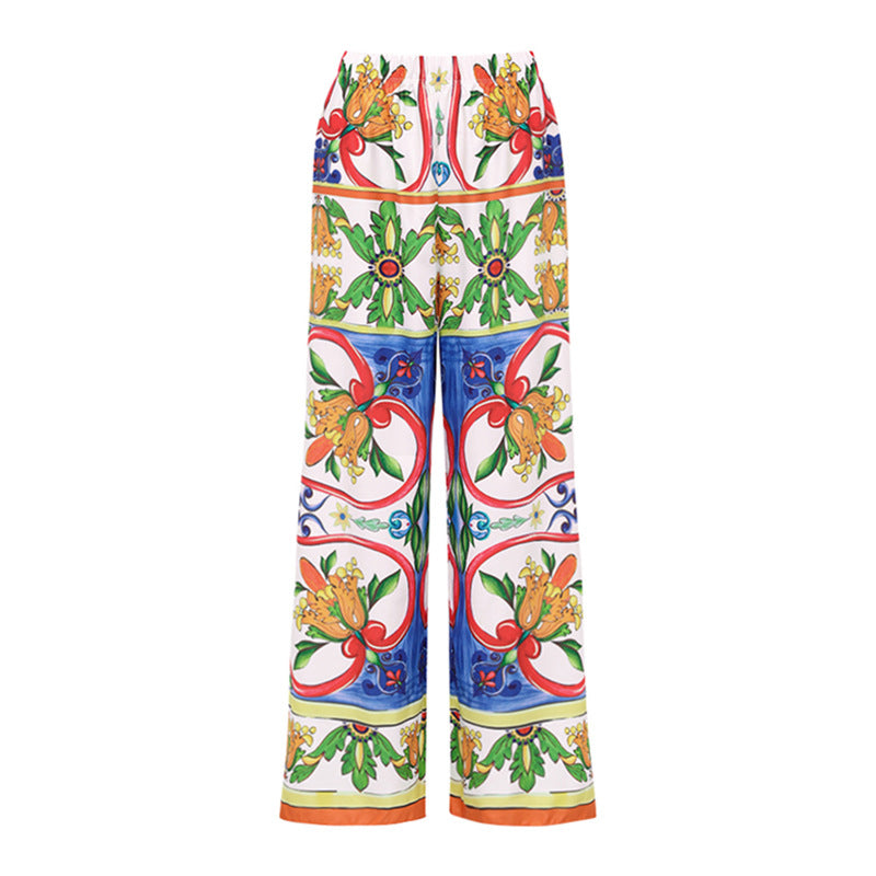 Women's glam retro french style digital printing asymmetrical ruched one piece swimwear with pant