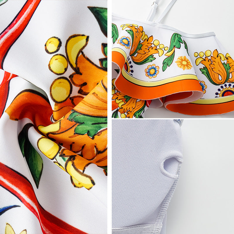 Women's glam retro french style digital printing asymmetrical ruched one piece swimwear with pant