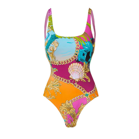 Women's geometric multicolor fashion one piece swimwear with sarong/cover up