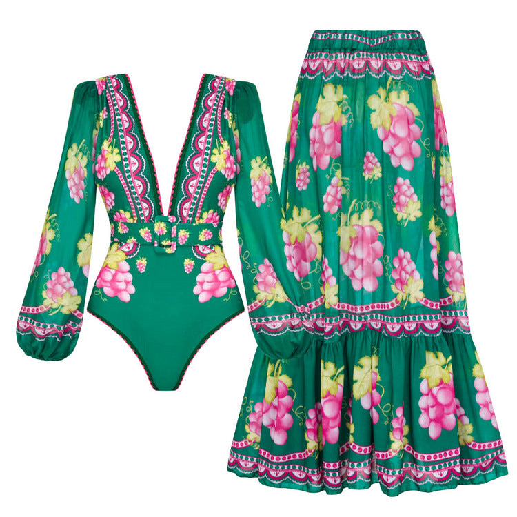 Women's sexy pastoral sexy green long stylish sleeves and belt look one piece swimwear with skirt
