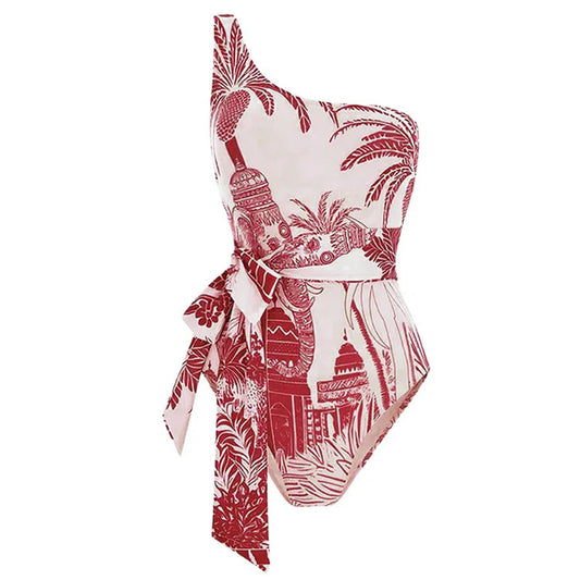 Women's simple style elegant red white one piece swimwear with sarong /cover up