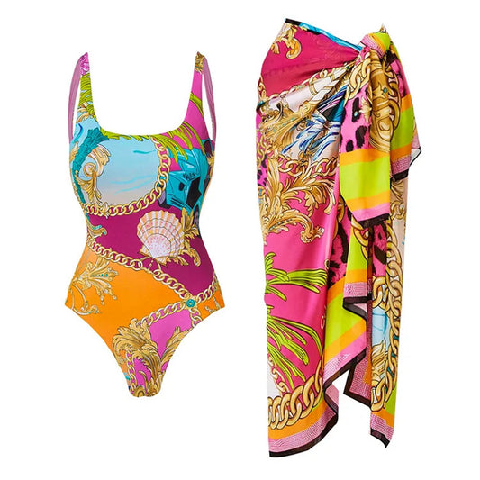 Women's geometric multicolor fashion one piece swimwear with sarong/cover up