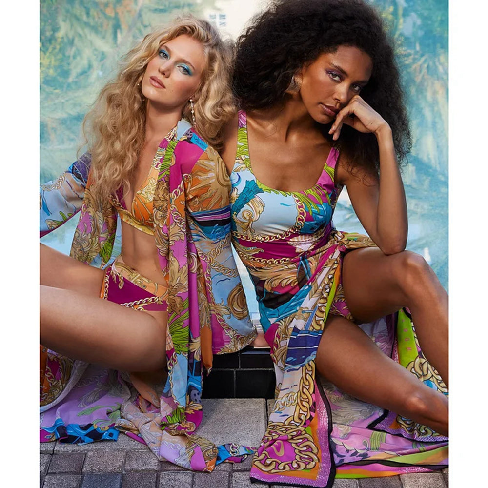Women's geometric multicolor fashion one piece swimwear with sarong/cover up
