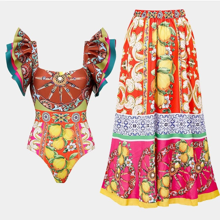 Women's vacation flower ruffles backless pink brown orange color lemon print one piece swimwear with skirt