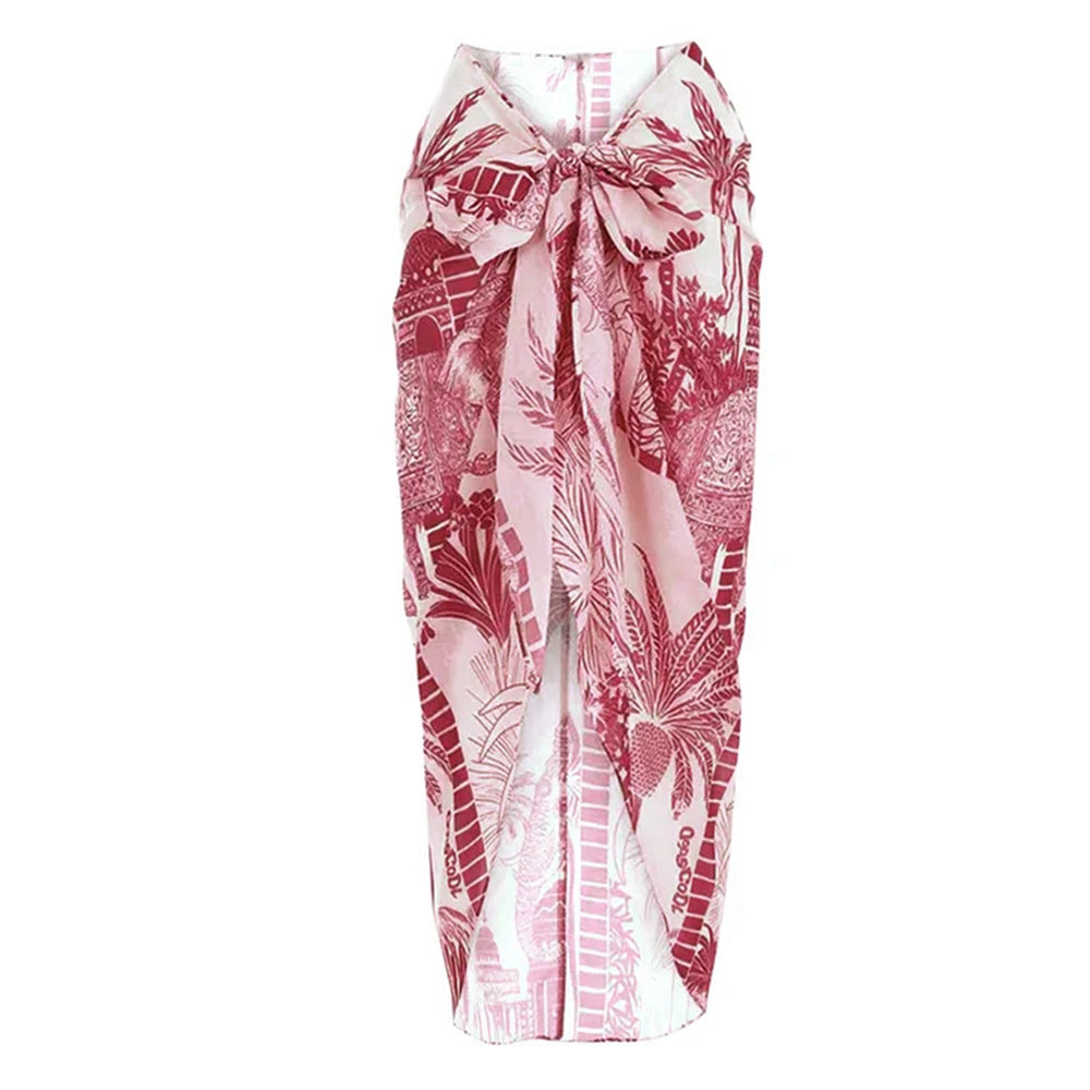 Women's simple style elegant red white one piece swimwear with sarong /cover up