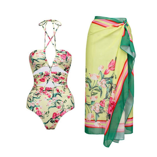 Women's vacation flower neon green one piece swimwear with sarong/cover up