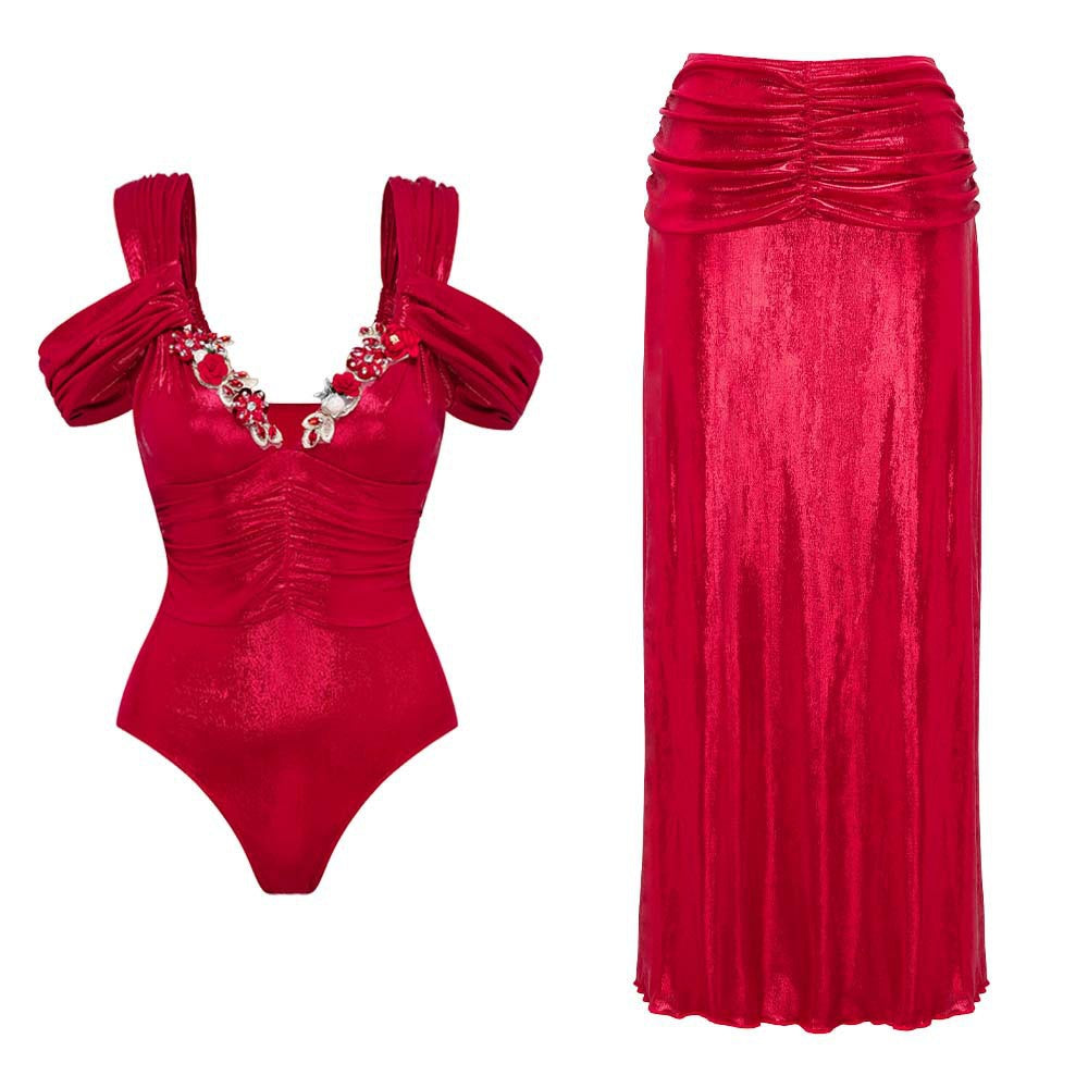 Women's glam red luxurious vacation  sparkly ruched one piece party swimwear with skirt