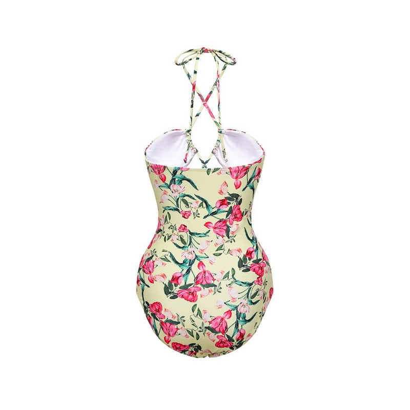 Women's vacation flower neon green one piece swimwear with sarong/cover up