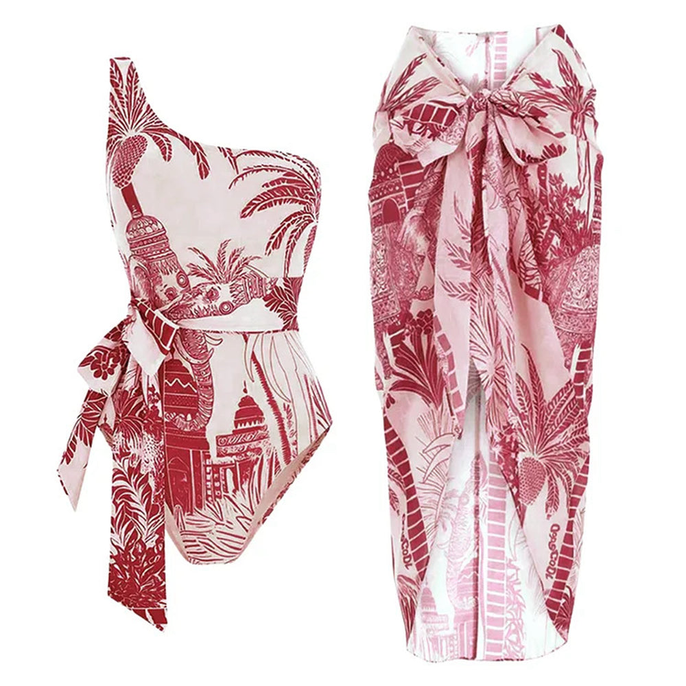 Women's simple style elegant red white one piece swimwear with sarong /cover up
