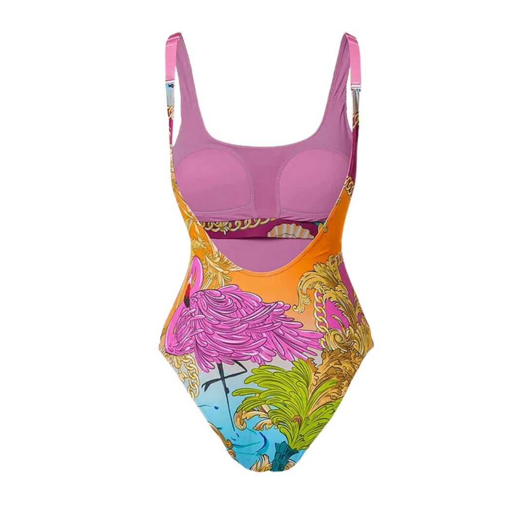 Women's geometric multicolor fashion one piece swimwear with sarong/cover up