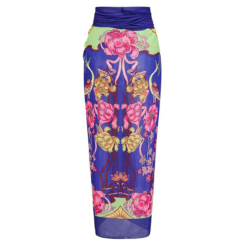 Women's sexy blue solid color one piece swimwear with Sarong/cover up