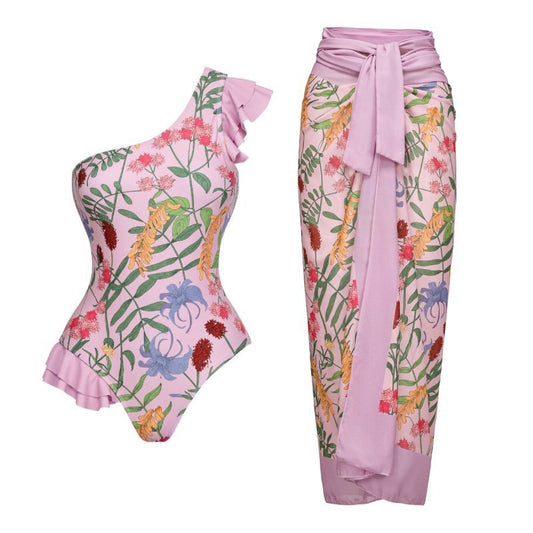 Women's sexy Europe and America tight one piece pink color swimwear with sarong/cover up