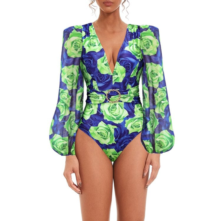 Women's blue and green rose full balloon style sleeves with belt one piece with bell bottom stylish pant
