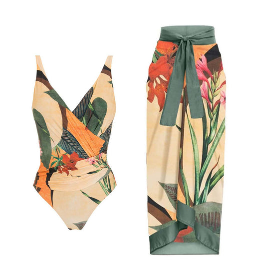 Women's beach ditsy flower one piece swimwear with sarong/cover up