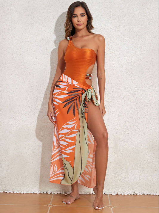 Women's solid rust color one piece swimwear with Sarong /cover up