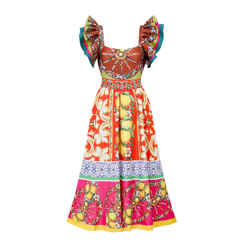 Women's vacation flower ruffles backless pink brown orange color lemon print one piece swimwear with skirt