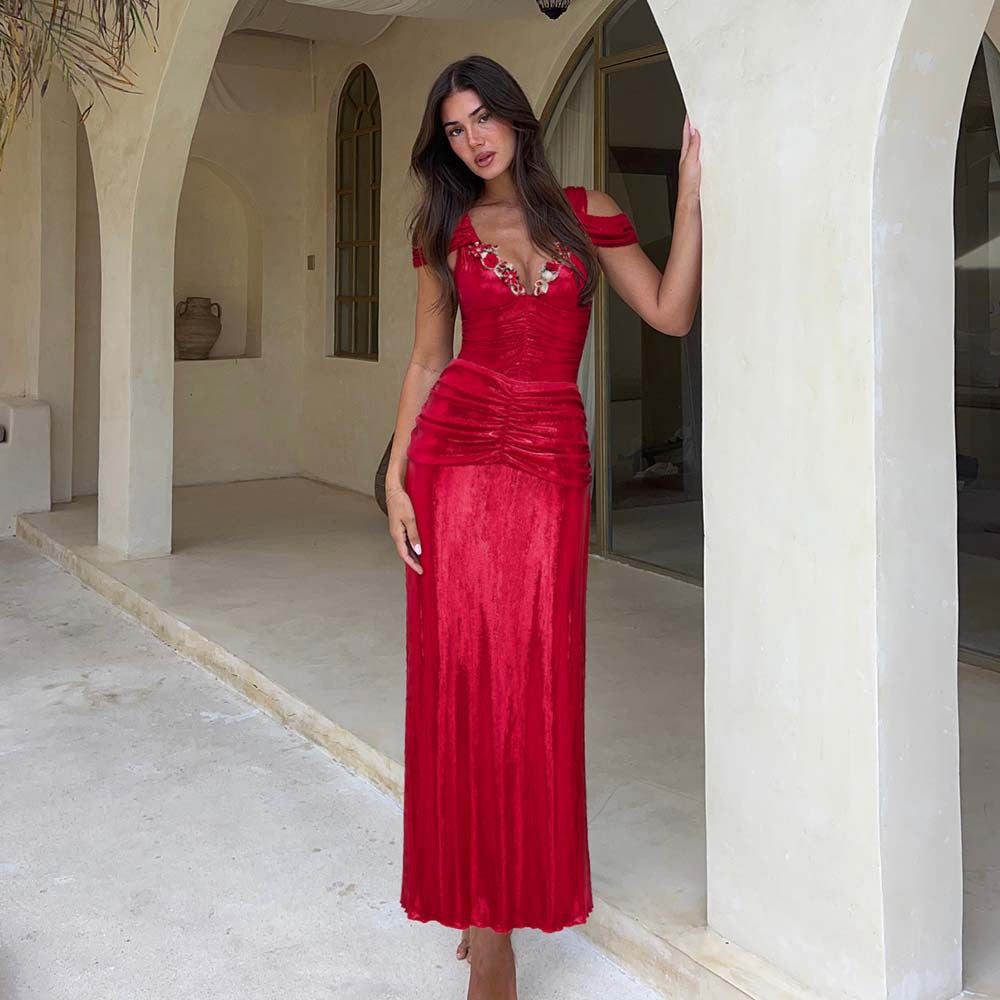 Women's glam red luxurious vacation  sparkly ruched one piece party swimwear with skirt