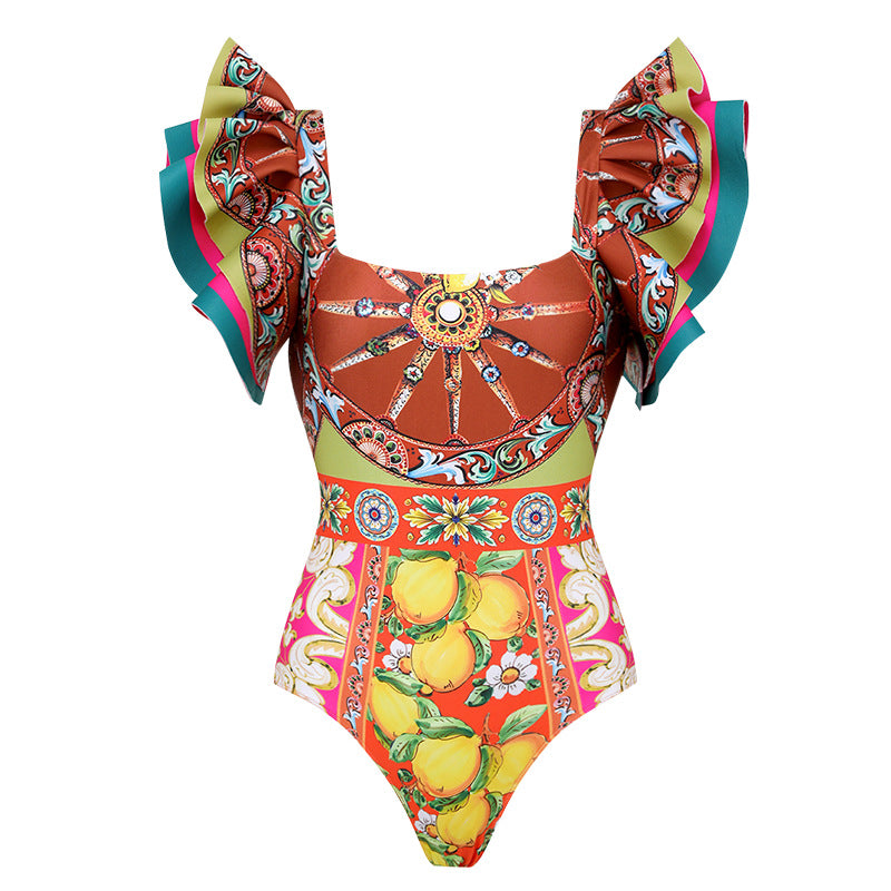 Women's vacation flower ruffles backless pink brown orange color lemon print one piece swimwear with skirt