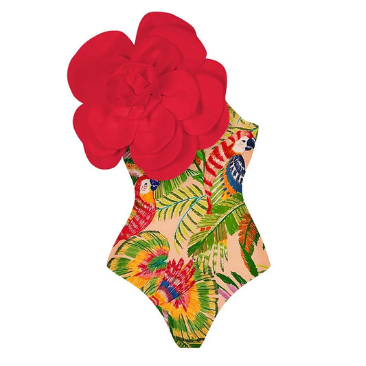 Women's exaggerated lady color block red flower with jungle design one piece swimwear with Sarong / cover up