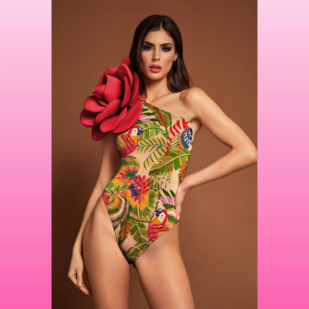 Women's exaggerated lady color block red flower with jungle design one piece swimwear with Sarong / cover up