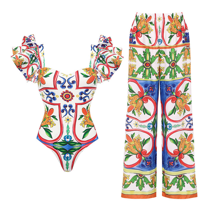 Women's glam retro french style digital printing asymmetrical ruched one piece swimwear with pant