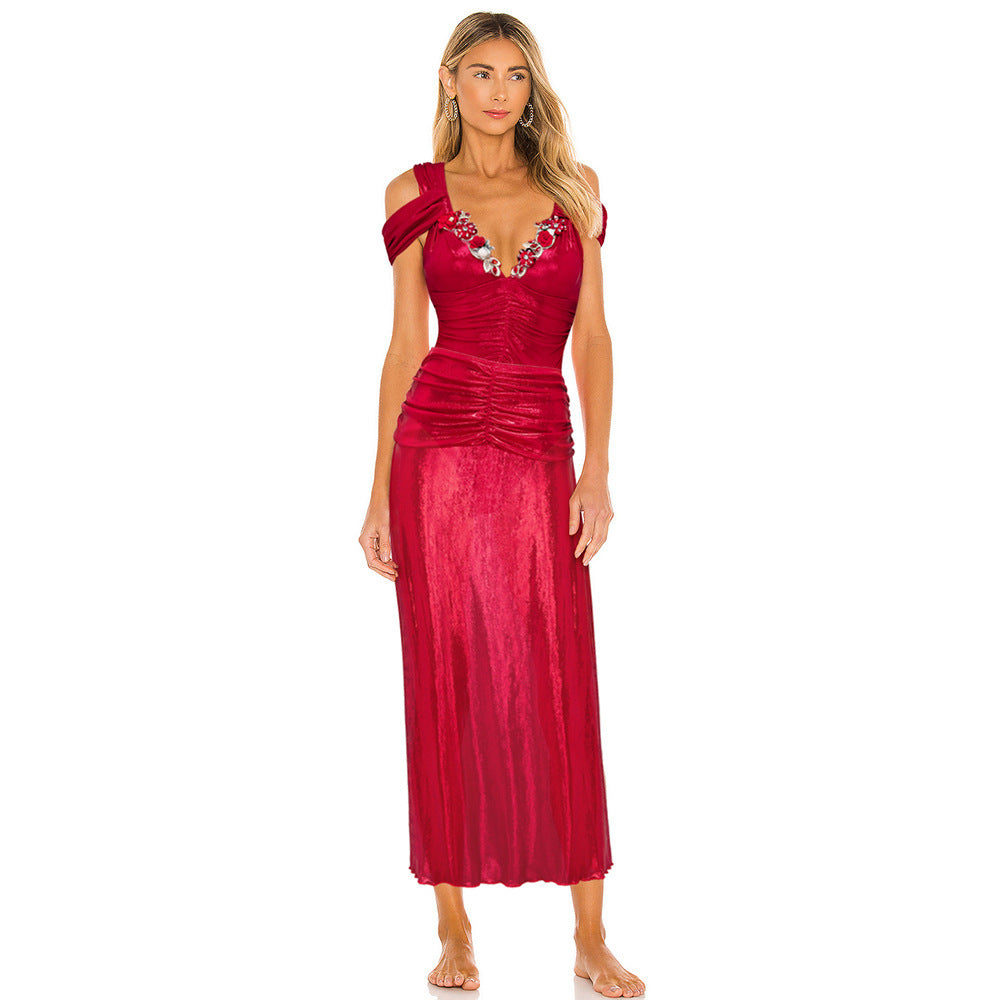 Women's glam red luxurious vacation  sparkly ruched one piece party swimwear with skirt