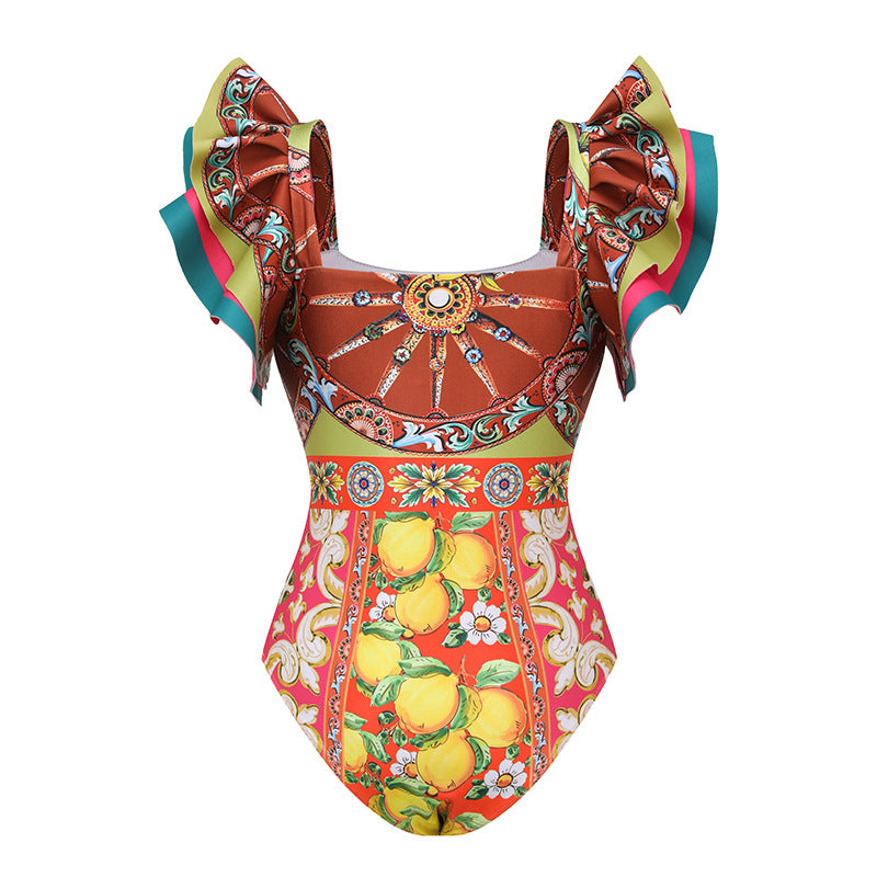 Women's vacation flower ruffles backless pink brown orange color lemon print one piece swimwear with skirt