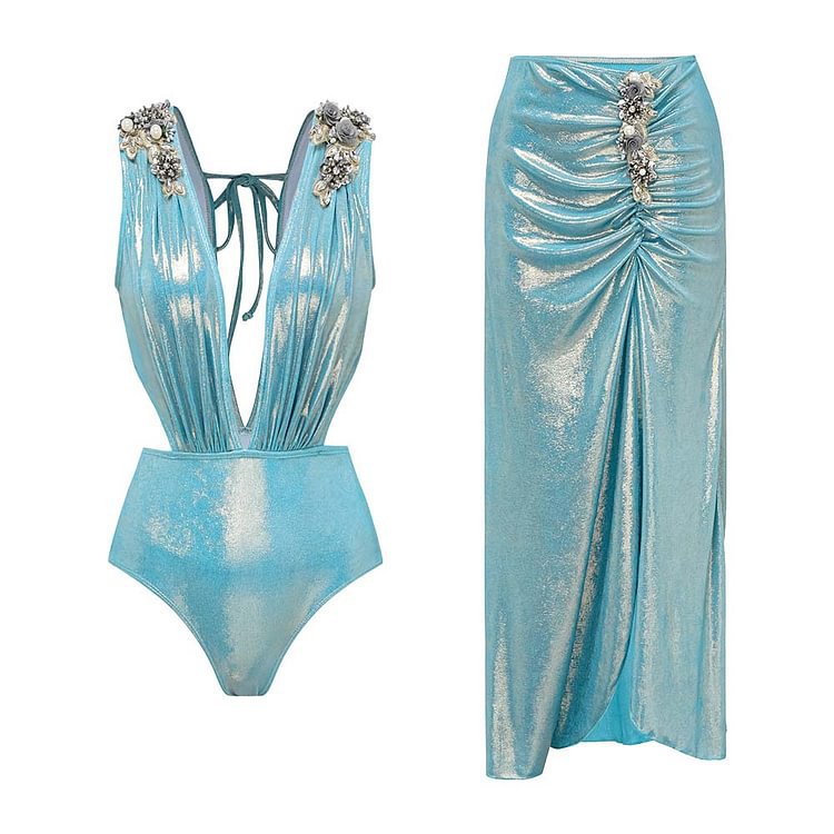 Women's glam luxurious sky blue shine vacation sparkly ruched one piece party swimwear with skirt