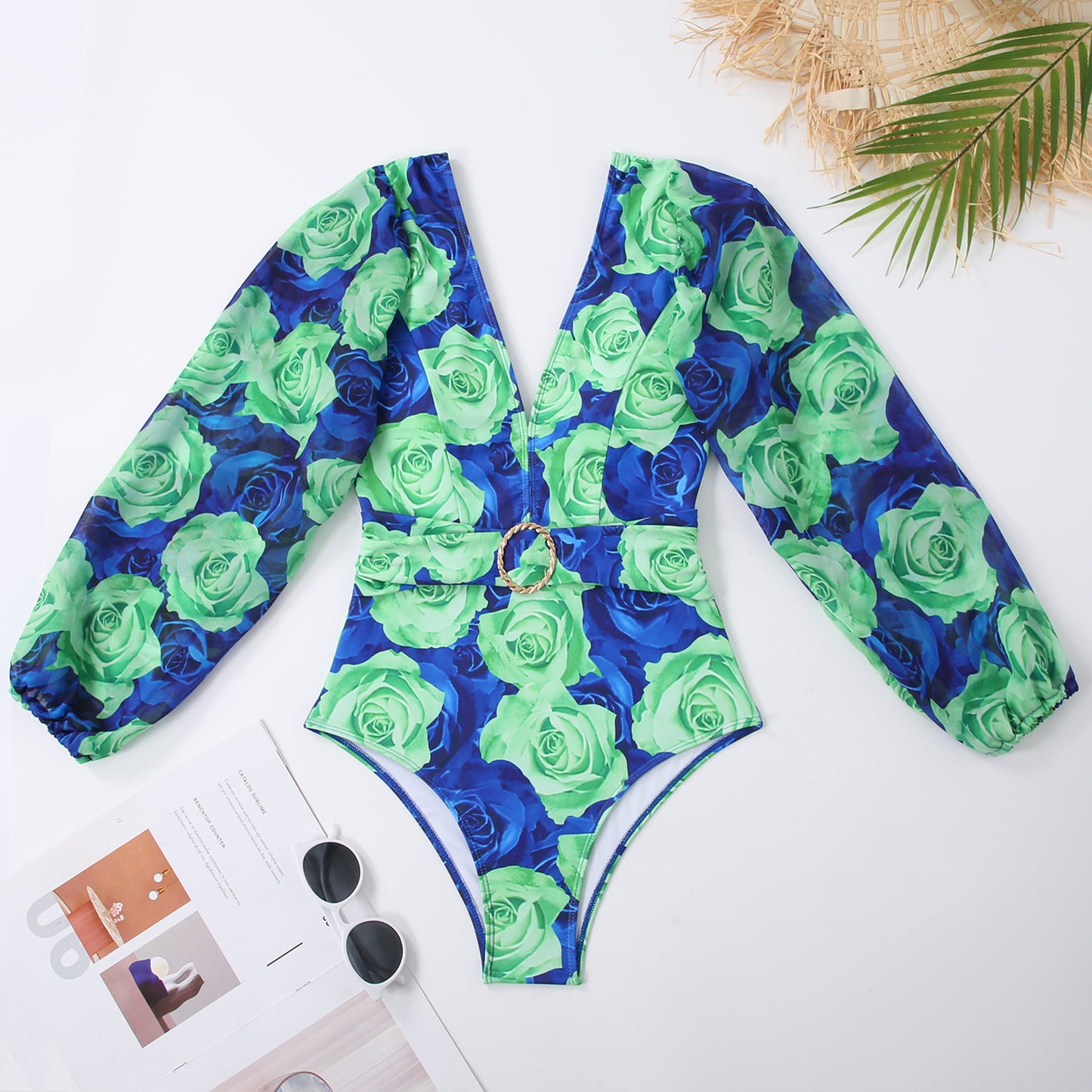 Women's blue and green rose full balloon style sleeves with belt one piece with bell bottom stylish pant