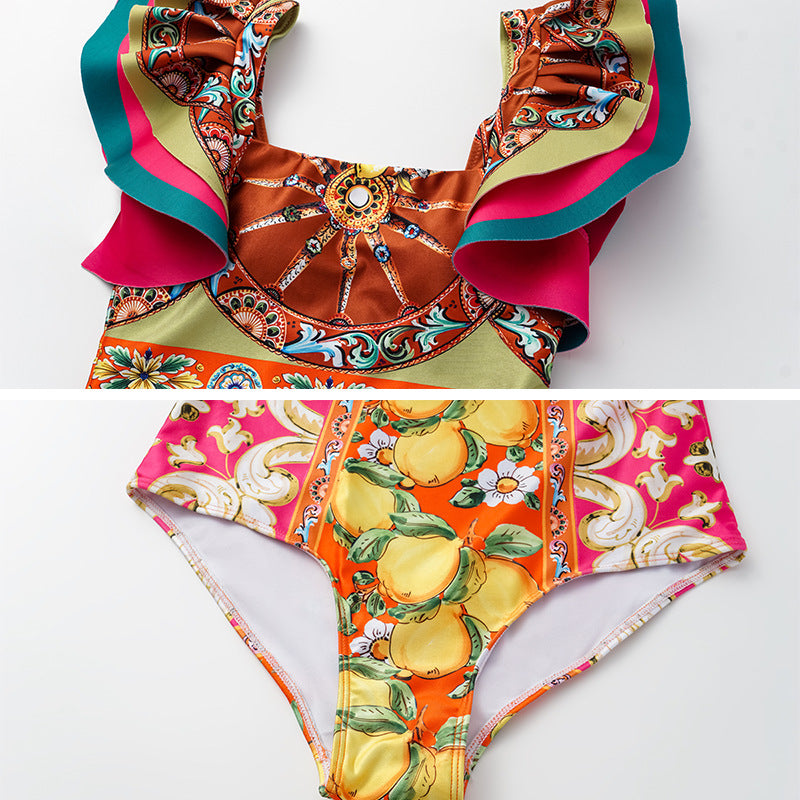 Women's vacation flower ruffles backless pink brown orange color lemon print one piece swimwear with skirt