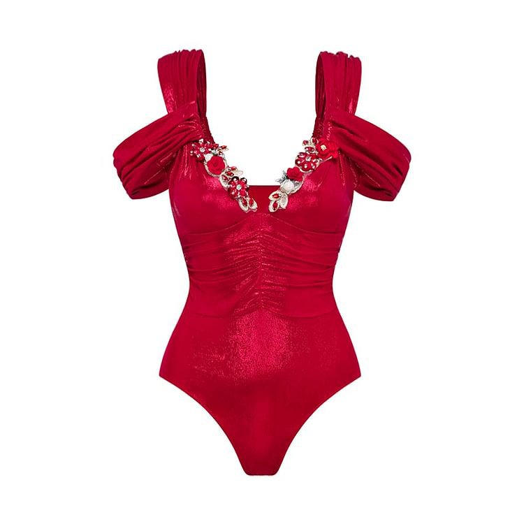 Women's glam red luxurious vacation  sparkly ruched one piece party swimwear with skirt