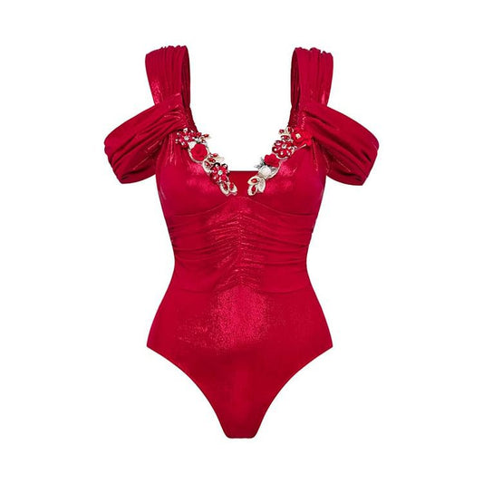 Women's glam red luxurious vacation  sparkly ruched one piece party swimwear with skirt
