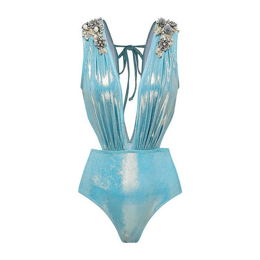 Women's glam luxurious sky blue shine vacation sparkly ruched one piece party swimwear with skirt