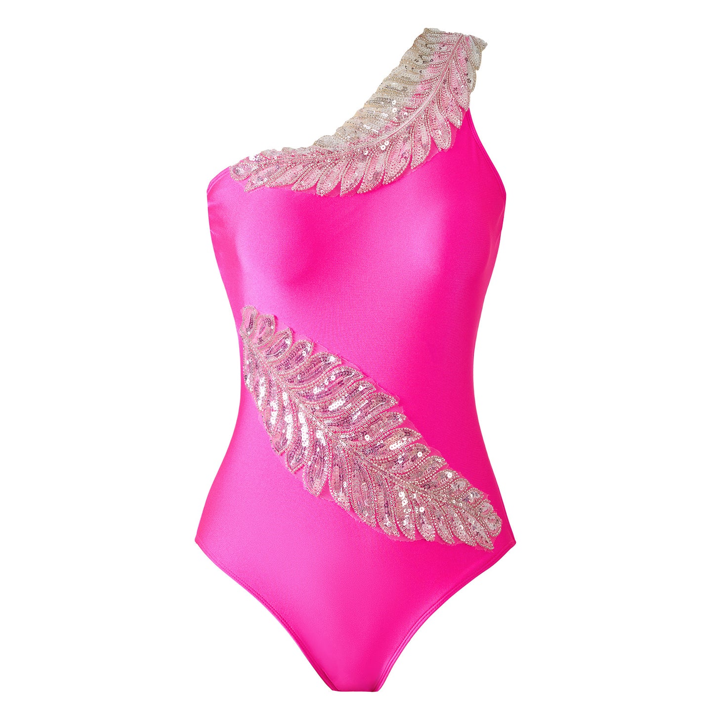 Women's solid baby pink color with golden feather one piece swimwear with skirt