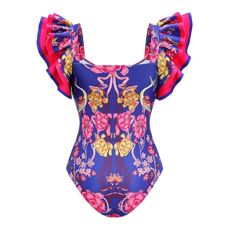Women's sexy blue solid color one piece swimwear with Sarong/cover up
