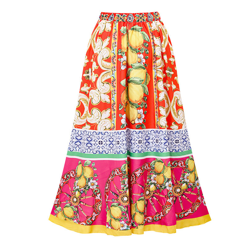 Women's vacation flower ruffles backless pink brown orange color lemon print one piece swimwear with skirt