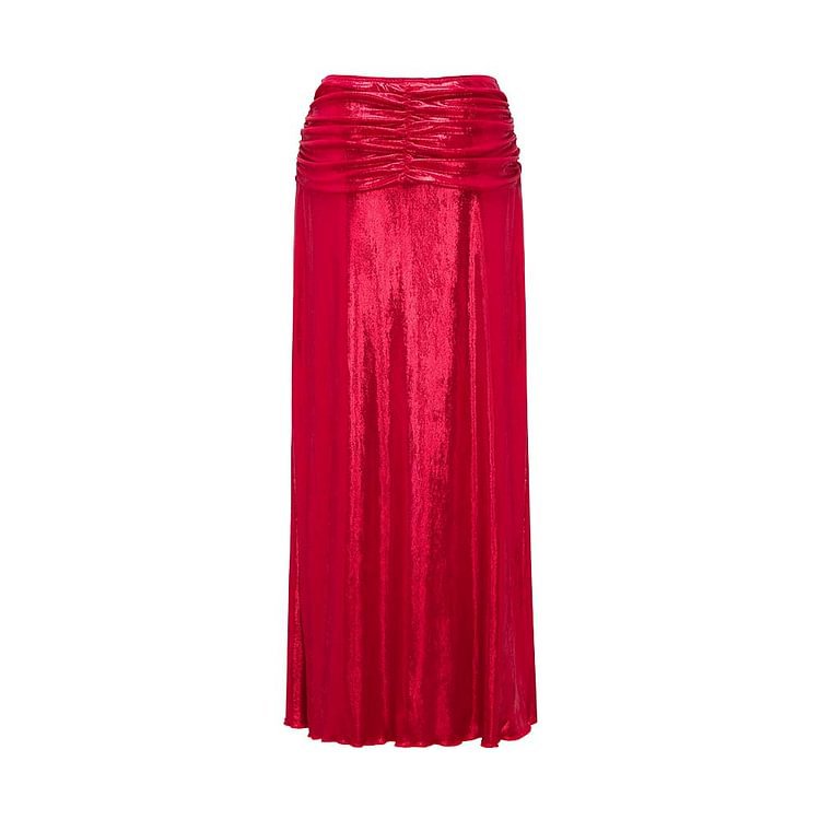 Women's glam red luxurious vacation  sparkly ruched one piece party swimwear with skirt