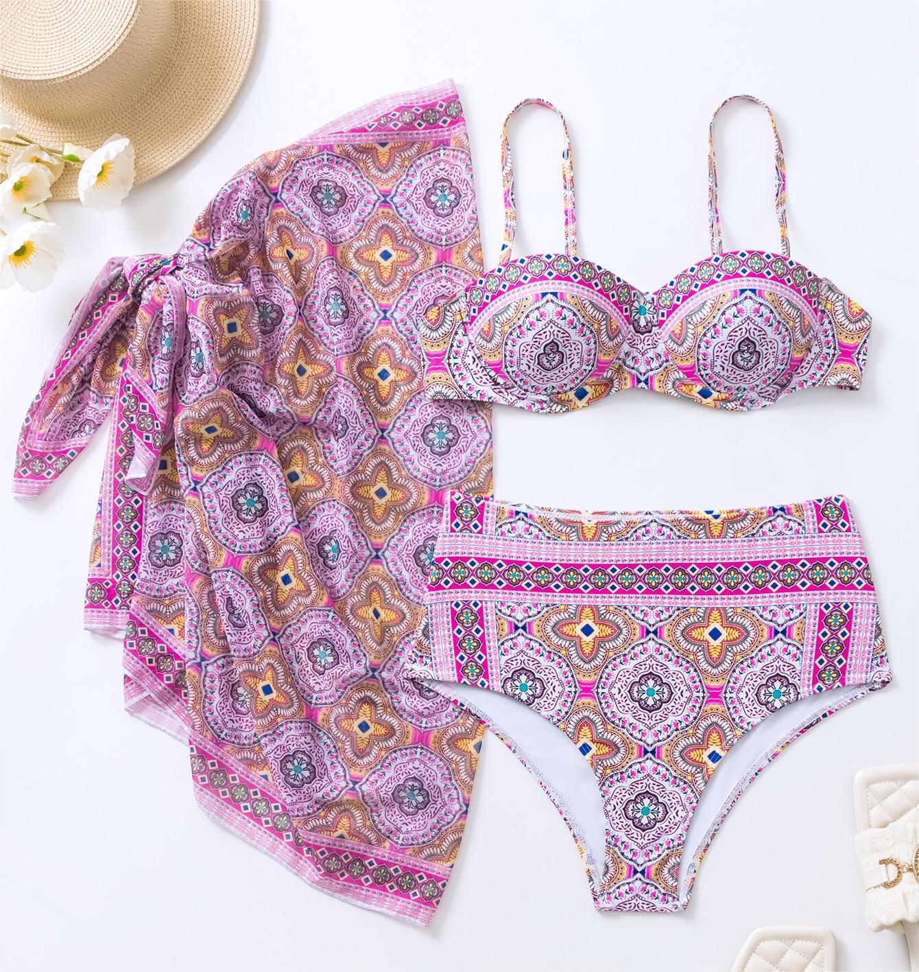 Women's elegant printing pink color bikini swimwear with cover up