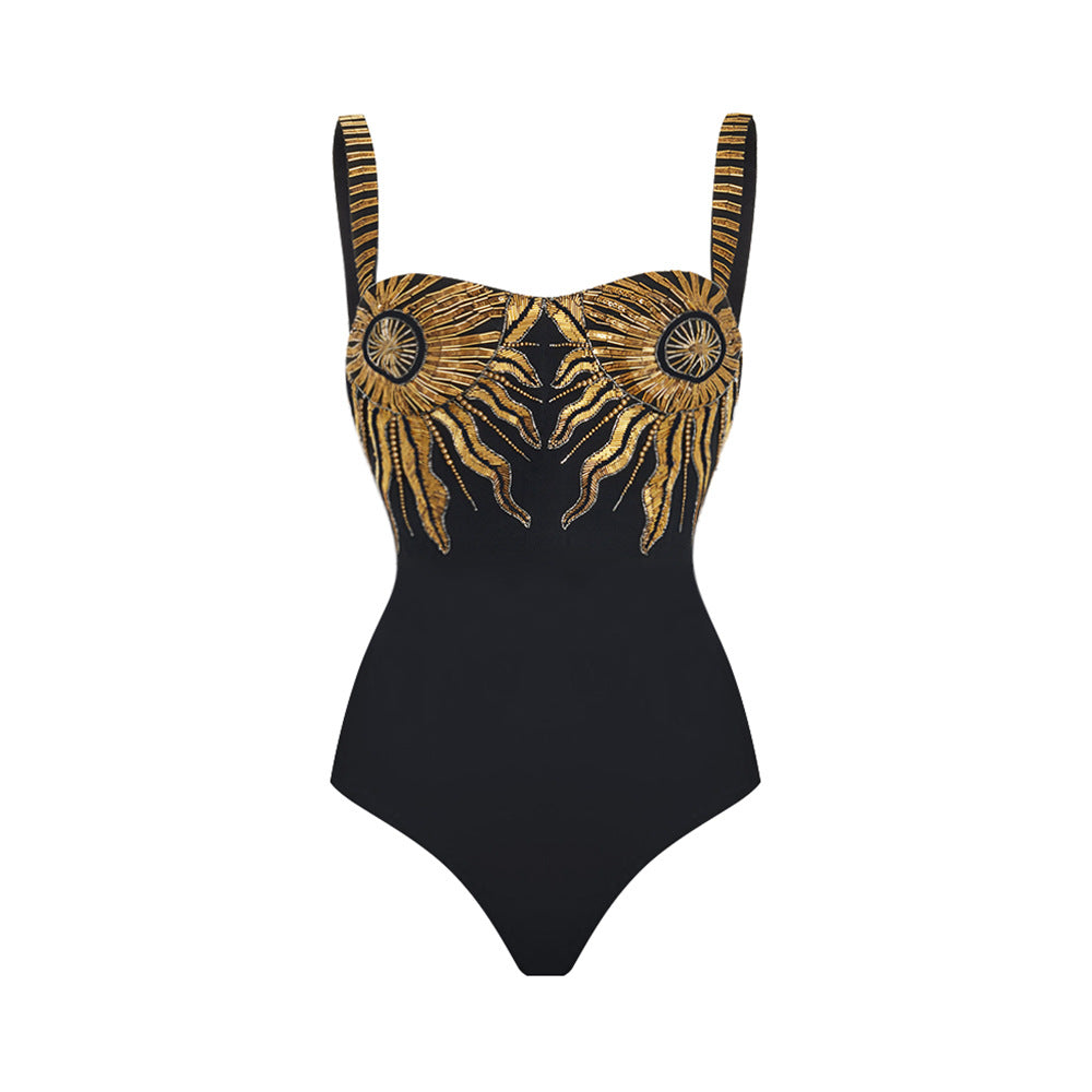 Women's black solid color with golden sun design one piece swimwear with Sarong/cover up