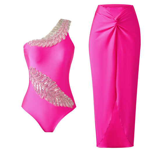 Women's solid baby pink color with golden feather one piece swimwear with skirt