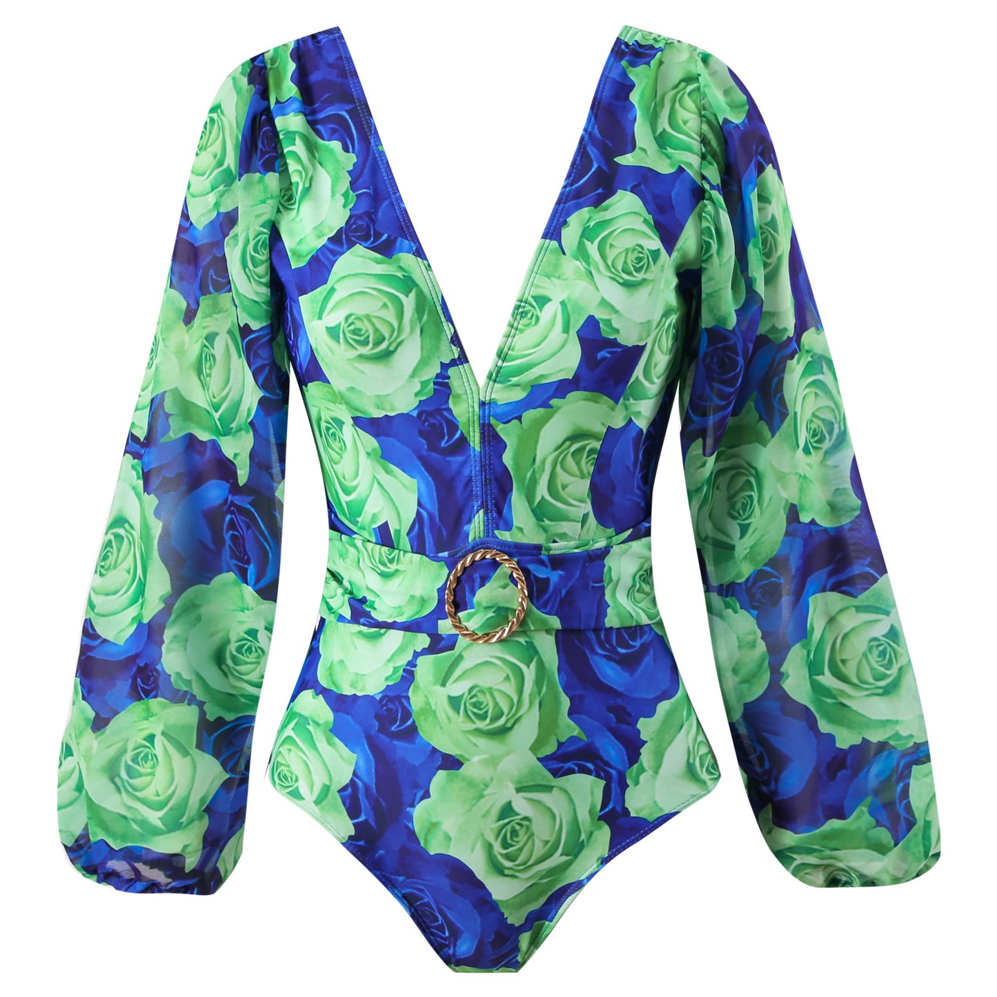Women's blue and green rose full balloon style sleeves with belt one piece with bell bottom stylish pant