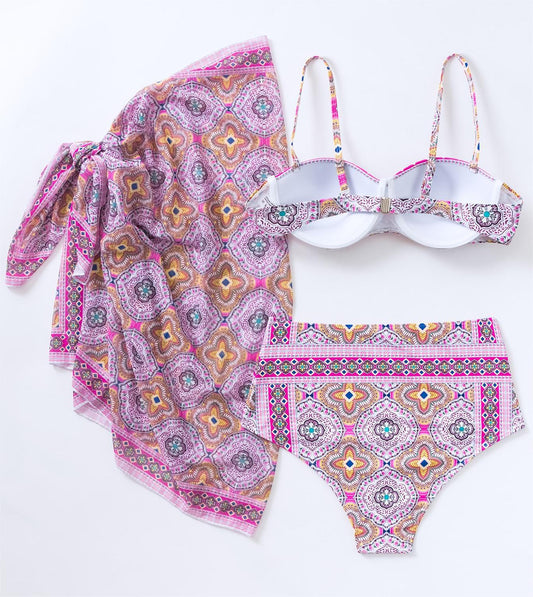 Women's elegant printing pink color bikini swimwear with cover up