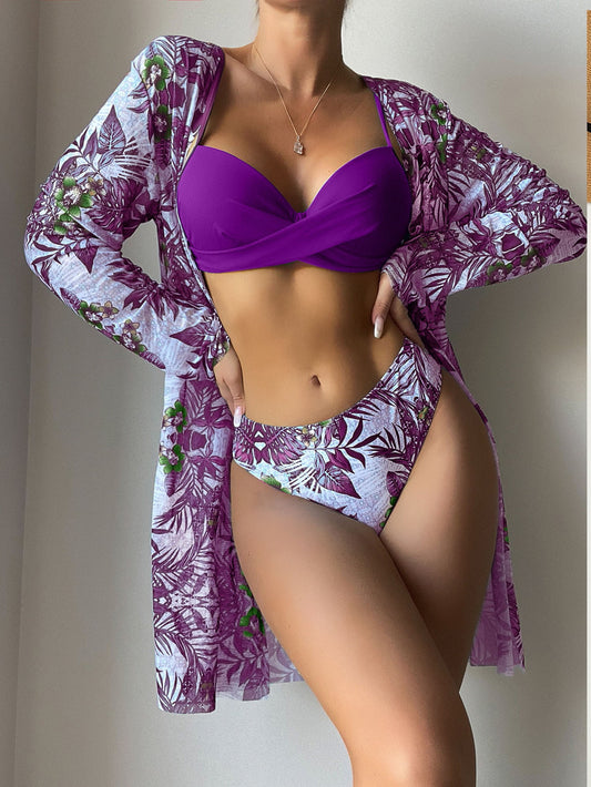 Women's purple and white bikini swimwear with shrug cover up