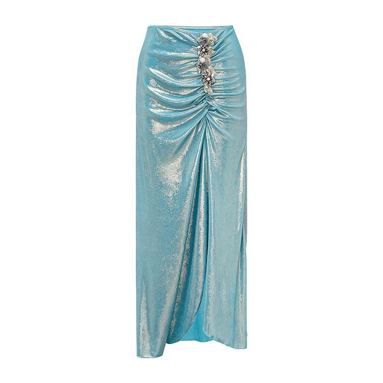 Women's glam luxurious sky blue shine vacation sparkly ruched one piece party swimwear with skirt