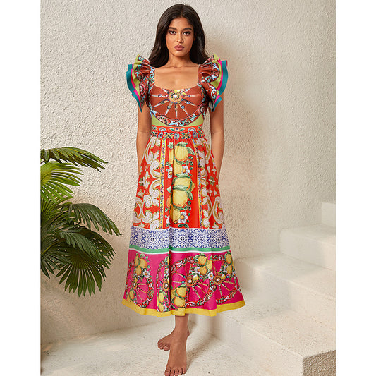 Women's vacation flower ruffles backless pink brown orange color lemon print one piece swimwear with skirt