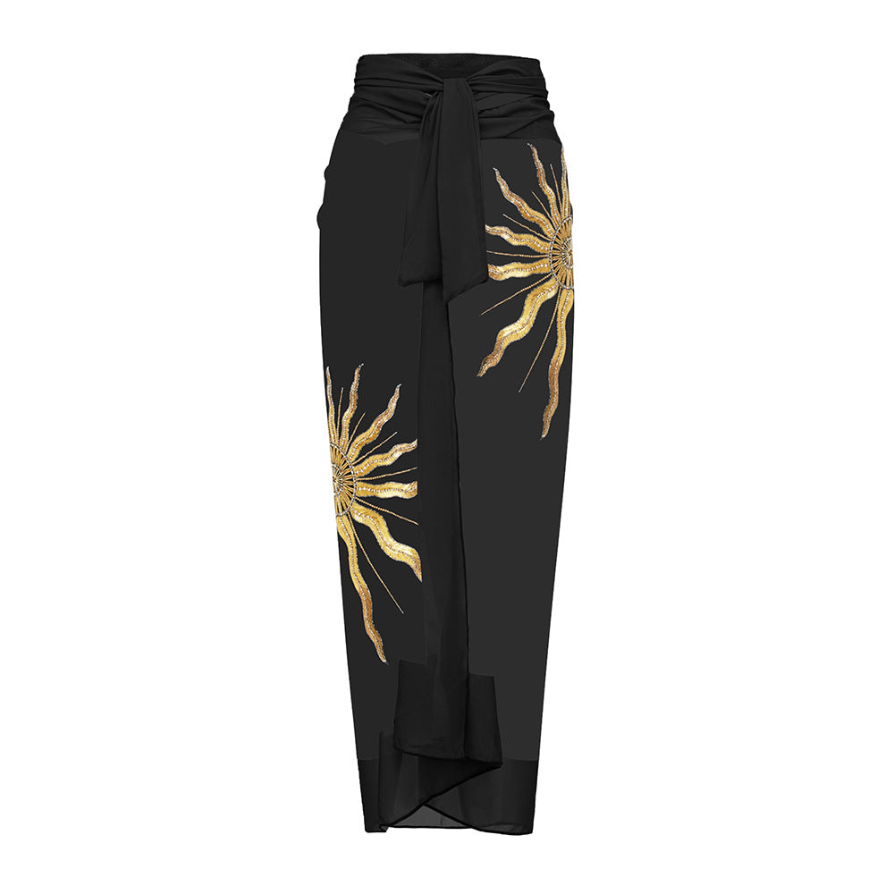 Women's black solid color with golden sun design one piece swimwear with Sarong/cover up