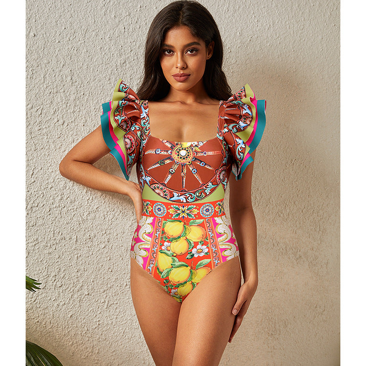 Women's vacation flower ruffles backless pink brown orange color lemon print one piece swimwear with skirt