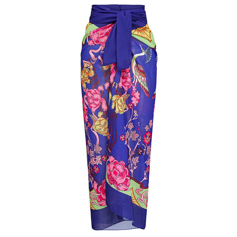 Women's sexy blue solid color one piece swimwear with Sarong/cover up